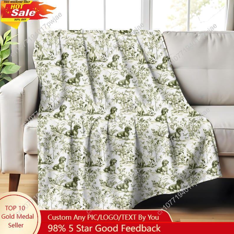Dachshund Sage Green French Toile Blanket Toile Throw Blanket for Doxie Lovers Sausage Dog Blanket Toile de Jouy Gift Dog Cozy 75X95CM