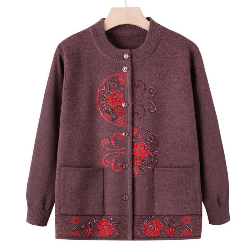 Grandma Crew Neck Sweater New Autumn Mom Knitted Sweater Cardigan Jacket Old Lady Clothes Women
