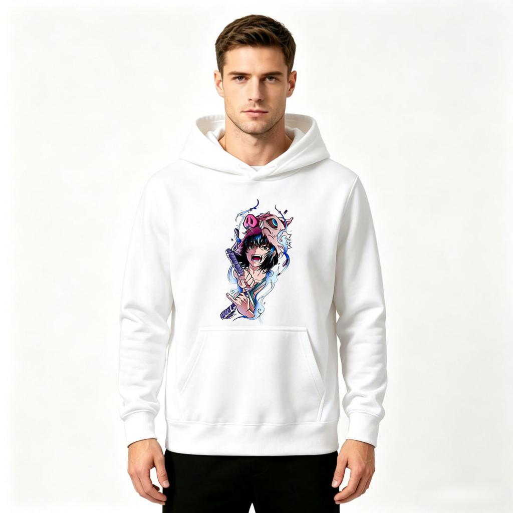 Men Anime Printed Pullover Hoodie Inosuke Pattern Casual Long Sleeve Sweatshirt for Daily Wear