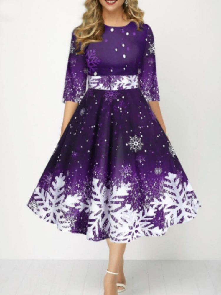 

Рождественская женская мода Персонализированное платье с принтом снежинок, с рукавом средней длины, приталенное M фиолетовый