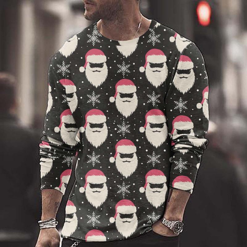 Summer Round Neck Christmas 3D Print Top Fashionable Casual Long Sleeved Men's T-shirts