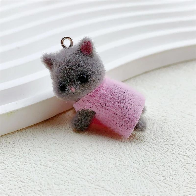 Dress Cat Pendant Cute 3D Hairy Flocking Animal Cat Charms Miniature Dolls Keychain Necklace Pendant DIY Crafts Jewelry Make