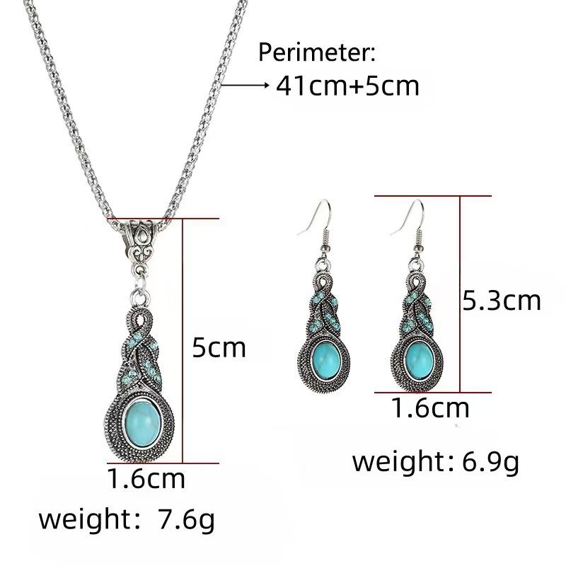 Set Of Turquoise Pendant Necklace And Earrings For Women, Fashionable Retro Bohemian Style Jewelry Gift