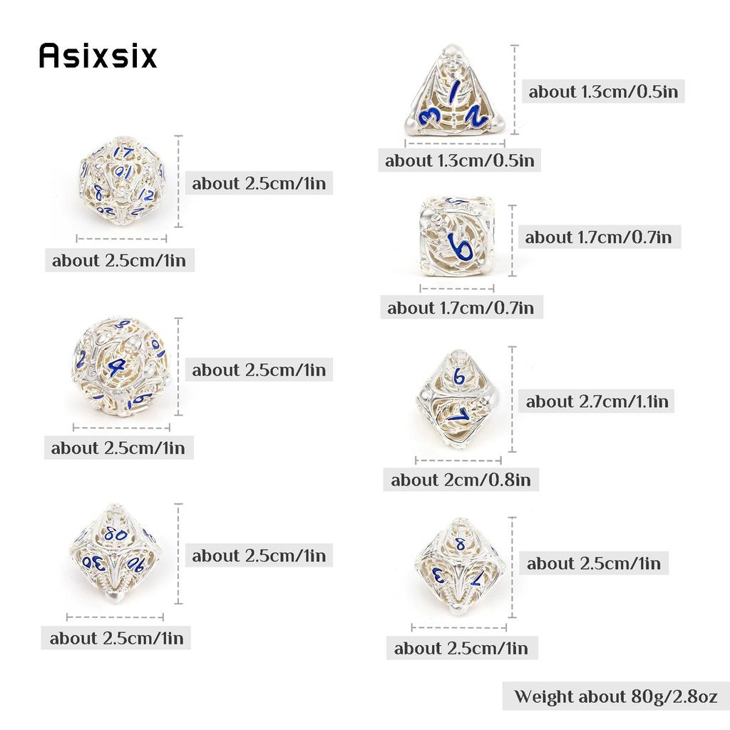 7 Pcs White Blue Skull Metal Dice Hollow Metal Polyhedral Dice Set Suitable for Role-Playing RPG  Board Game Card Game