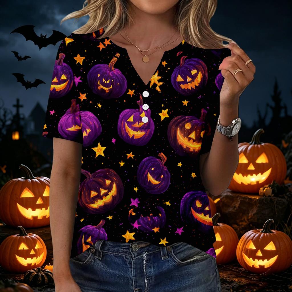 Women Casual V Neck Short Sleeve Button T Shirt Halloween Print Top Lightweight Comfortable Fit
