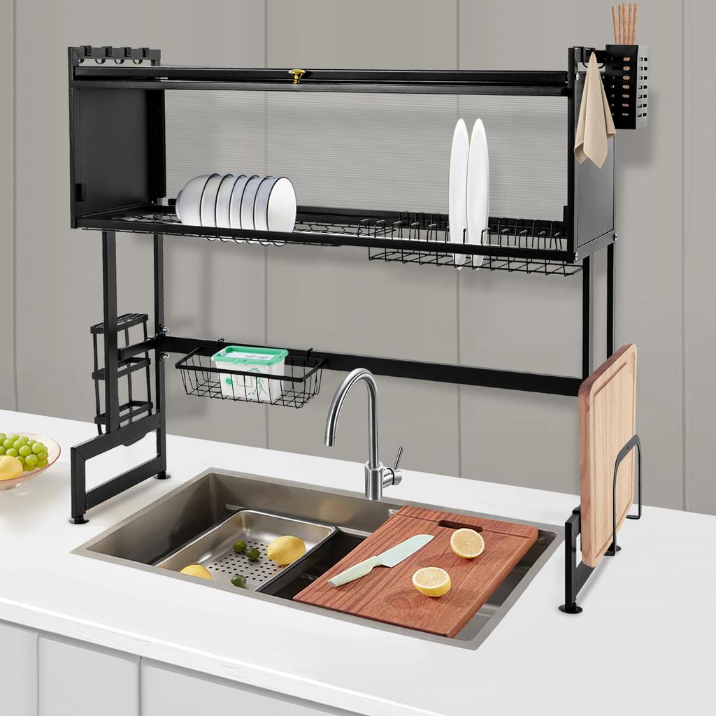 85x30x80cm 2 Tiers Large Capacity Dish Drain Rack with Cabinet Door Suitable for Home, Coffee Shops