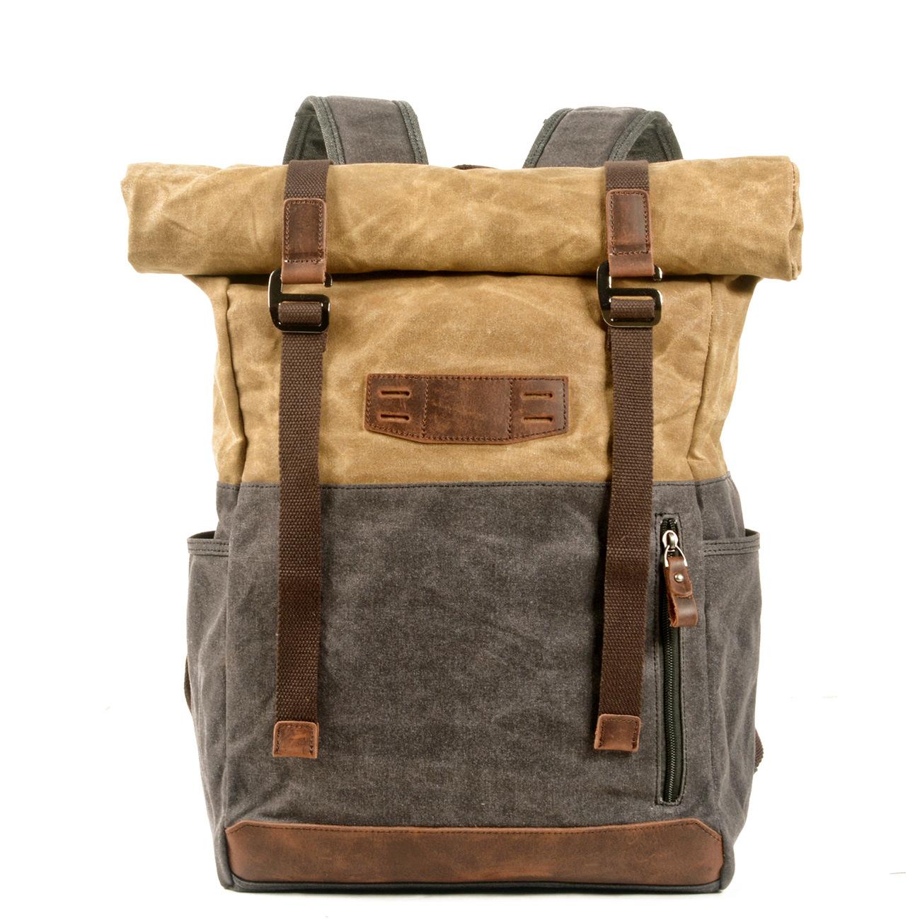 Vintage Canvas Bag, Oil-wax Canvas Color-blocking Backpack, Outdoor Hiking and Mountaineering Backpack, St 12 inches