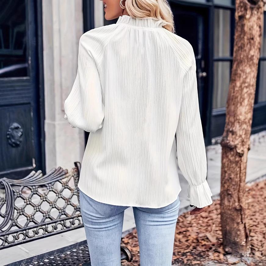 Ladies Autumn Winter Ruffles  Long Sleeve Stand Collar Solid Color Pullover  Shirt Top