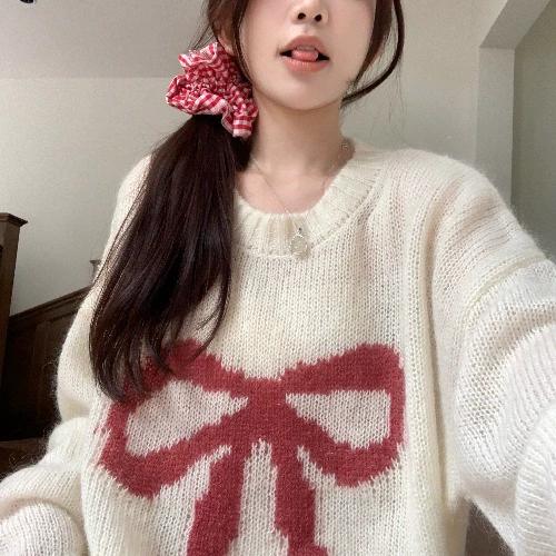 

Женский джемпер жаккардовый с бантом-бабочкой, с длинными рукавами и круглым вырезом, вязаный пуловер, осенняя новинка, свободный модный топ для женщин Onesize