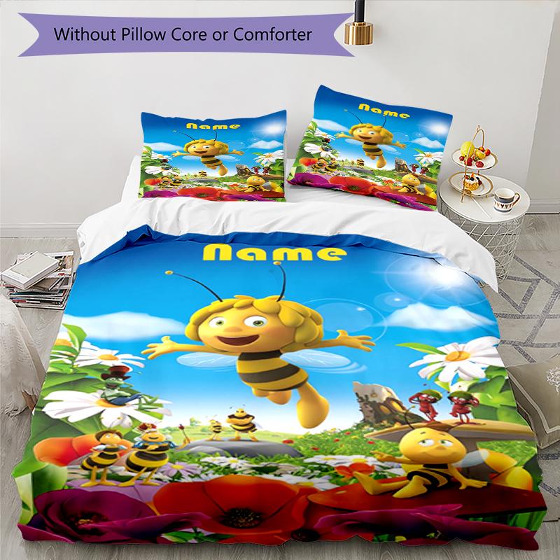 3pcs Custom Name Maya the Bee Bedding Set Duvet Cover Closure Includes 1 Duvet Cover & 2 Pillowcases, Soft and Comfortable for All Seasons.