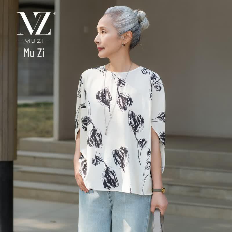 Elegant Floral Print Batwing Short Sleeve T-Shirt Blouse M
