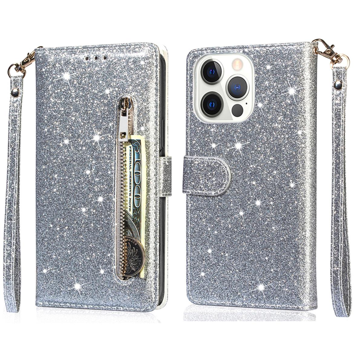 

For iPhone 16 Pro Max Case Glitter Leather Stand Phone Cover Zipper Pocket Silver