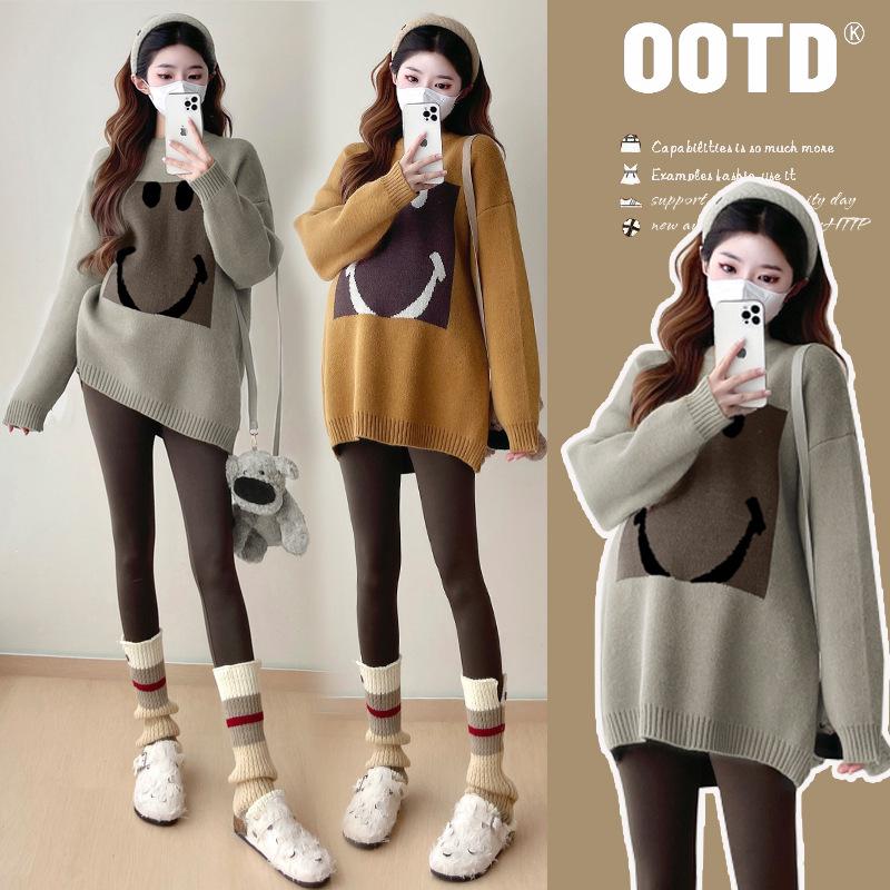 2025 Winter Korean Style Loose Maternity Sweater - Slimming, Age-Reducing, Plus Size, Smiley Face Knit XL