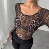 Independent Station Summer Women's Fashion Transparent Leopard Printed Mesh Round Collar Long Sleeve Slim T-shirt Versatile Fashion Shirt