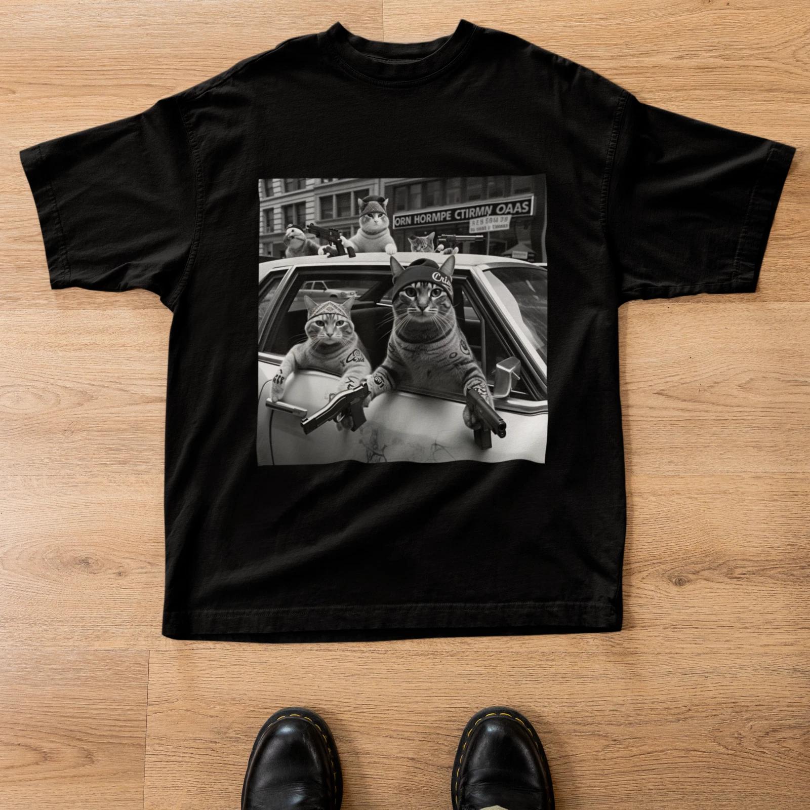Funny Gangster Cat Graphic T-Shirt Streetwear Meme Cat Unisex Teeb 3XL