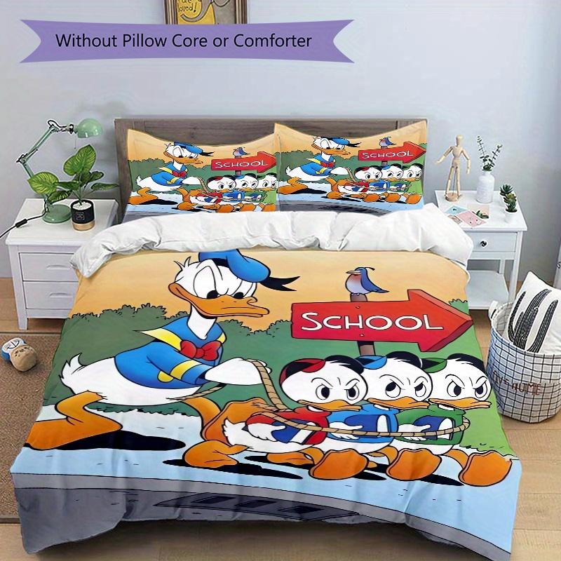 3pcs Cartoon Donald Duck Family Adventure Bedding Set, Including 1 Quilt Cover and 2 Pillow Shams, Without Filling, Soft and Comfortable Home Bed