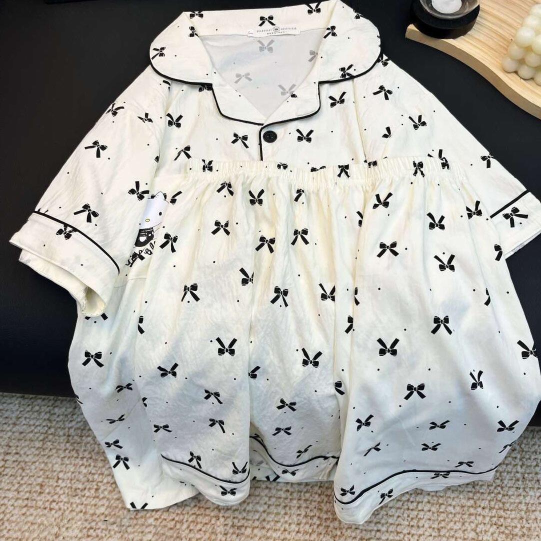

Cute polka dot bow cat pajamas women s new short-sleeved shorts summer Korean version loungewear two-piece set s [recommended 35-40kg]