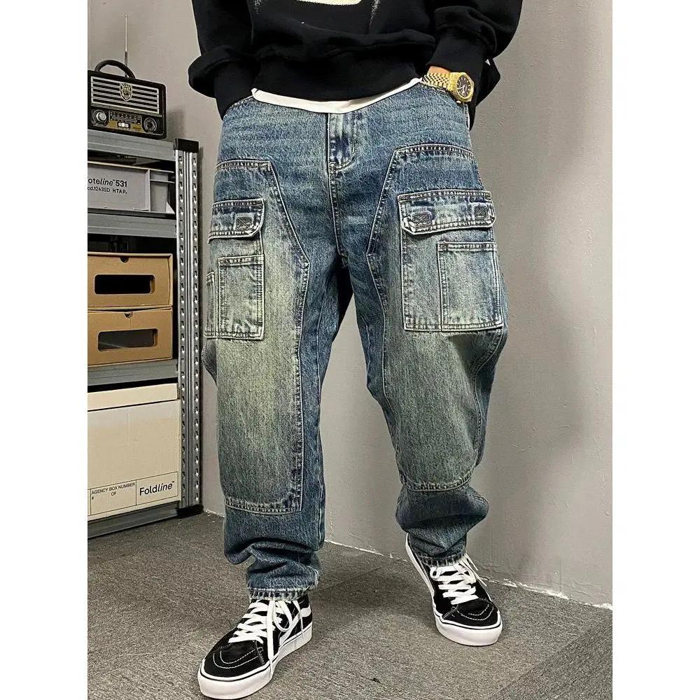 Men Autumn and Winter Vintage Casual Denim Jeans Design Loose Straight Embroidery Handsome Pants