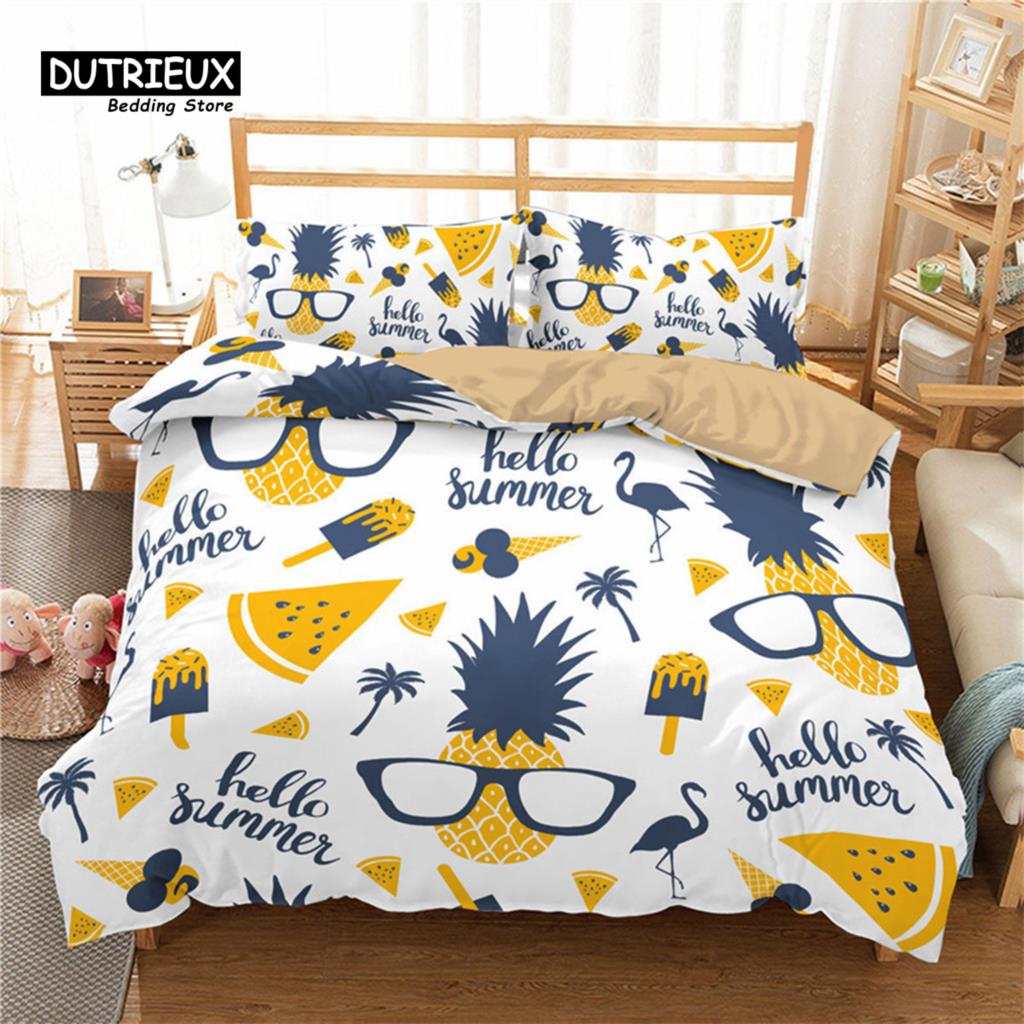 Funny Tropical Fruit Bedding Set Microfiber Pineapple Pear Geometric Pattern Duvet Cover With Pillowcases For Kids Bedroom Decor