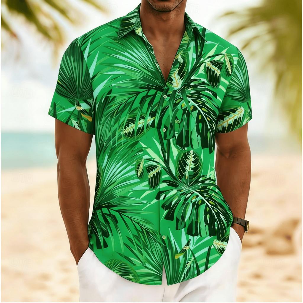 Men's Tropical Monstera & Palm Leaf Print Short Sleeve Shirt, Spring Summer Vintage Hawaiian Vacation