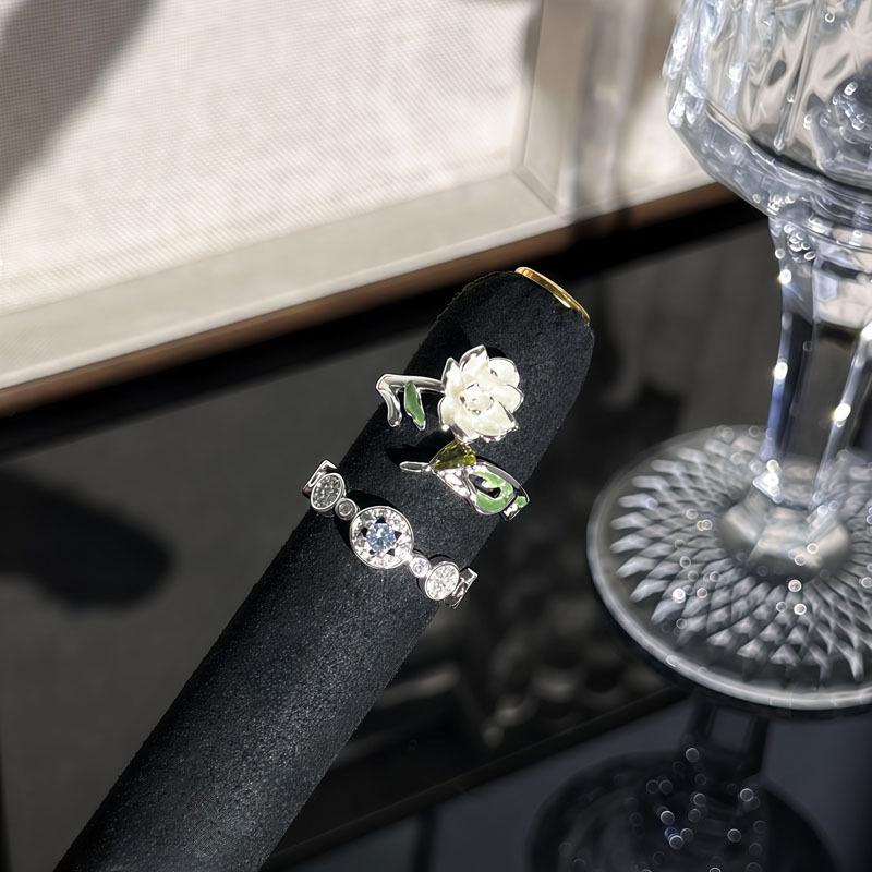 Camellia White Moonlight Diamond Flower Ring - Trendy Cool Style for Women, Perfect as an Index Finger Accessory.