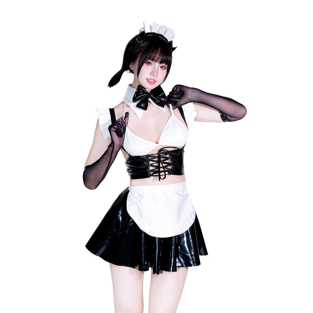 Maid Cosplay Sexy PU Leather Moe Demon Charming Cute Cute Bold Moe Lingerie Bodycon Enamel Costume Black Collar Bow Tie Tops Underwear Apron Mini