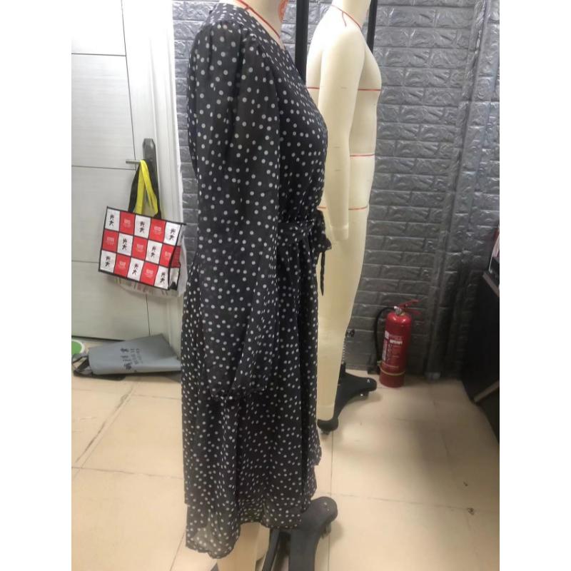 Damen Frühling Sommer Gepunktetes Chiffon Midi-Kleid Rundhalsausschnitt Langarm Bindegürtel A-Linie Fließendes Freizeitkleid für Büro Alltag Urlaub Party