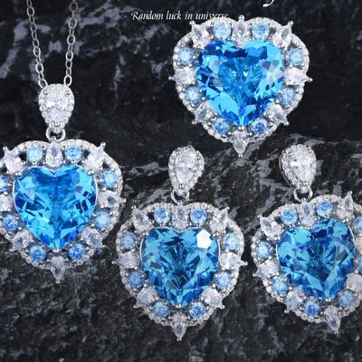 Luxury Heavy Industry Topaz Love Pendant Necklace Ocean Heart Ring Heart Shaped Sea Blue Treasure Earrings Colorful Treasure Set