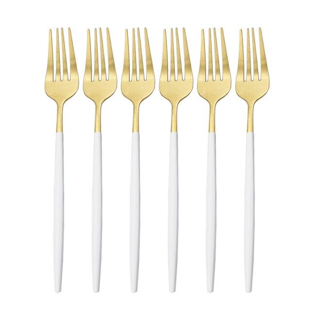 6Pcs/Set Gold Cutlery Set Stainless Steel Dinner Fork Set Dessert Cake Fork Fruit Salad Fork Tableware Set Kitchen Flatware Set