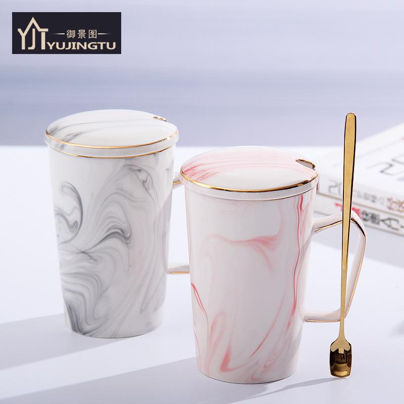 Marble Mug with Lid Coffee Spoon and Filter 12OZ Ceramic Cup for Cafe or Tea Choice Stainless Steel Strainer for Tea or Coffee