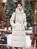 White duck down women's long over the knee winter new hooded waist slim and thin thickened belt jacket