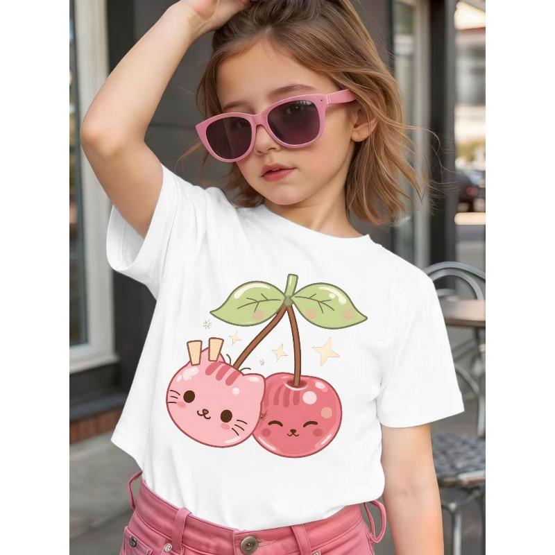 Girls Cute Smiling Cherry Cat Print Crewneck Short Sleeve Tee, Sweet Summer Kids Top 110 белый