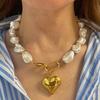 Trend Elegant Jewelry  Heart Pendant Necklace For Women Fashion Irregular White Imitation Big Pearl Chain Choker Necklace N0456