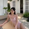 Korean version of pink suspender one-piece swimsuit beautiful girl small chest simple retro hot spring swimsuit vacation pure desire wind one-piece