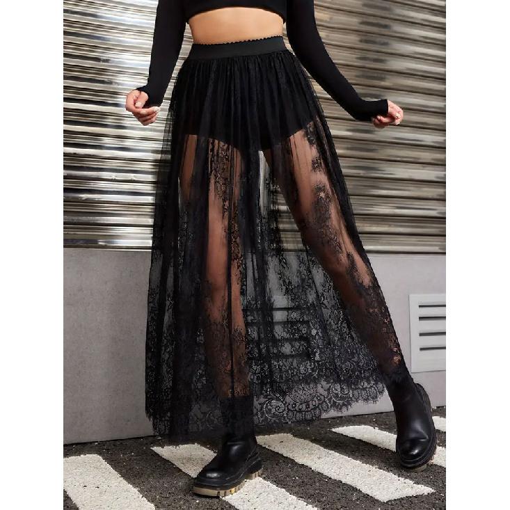 Elegantes Party-Abendkleid Spitzenrock für Damen Durchsichtiges Maxikleid Bodycon Gothic Lolita Mode Schwarzer Rock