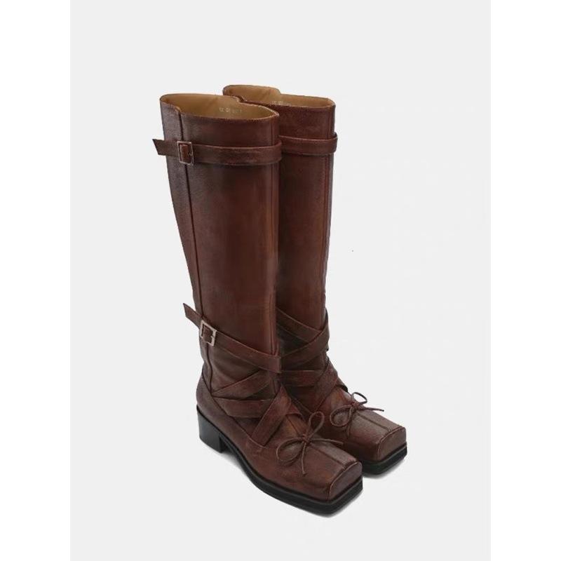 Cowhide version~ New ballet square head boots women's thick heel brown high knight boots but knee fashion boots