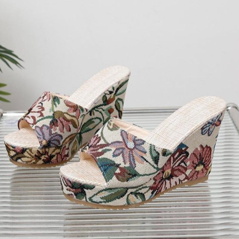 Ladies Shoes 2026 Peep Toe Women's Slippers Fashion Print Wedges High Heels Shoes Casual Slippers Women Summer Platform Sandals
