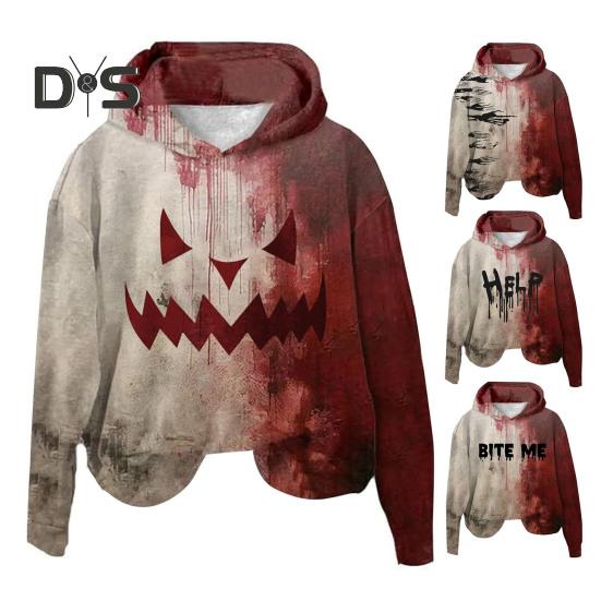 Dame Hettegenser 3D Blodflekkprint Halloween Vintage Spøkelseshus Cosplay Topp Hette Langermet Løs Hettegenser