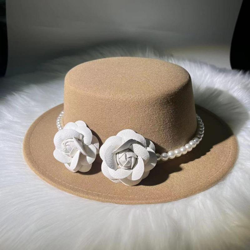 French Retro Pearl Flower Wool Flat Top Top Top Hat Autumn and Winter Small Fragrant Wind Big Brim Street Shot British Woolen Hat