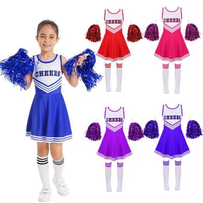 Mädchen Cheerleading Uniform Tanzkostüm Kinder Cheerleader Outfit Rundhalsausschnitt Patchwork Stil Tanzkleid Blume und Socken