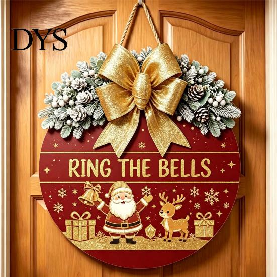 Winter Atmosphere Decor Christmas Wooden Welcome Sign for Front Door, Round Hanging Ornament with Santa Claus Snowman Art Artificial Pine Branches