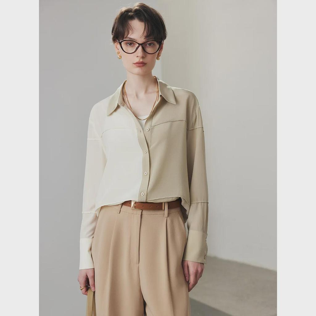 Women's Loose-Fit Silk Shirt - 2025 Spring/Summer, 100% Double Crepe Mulberry Silk, Color-Block Design
