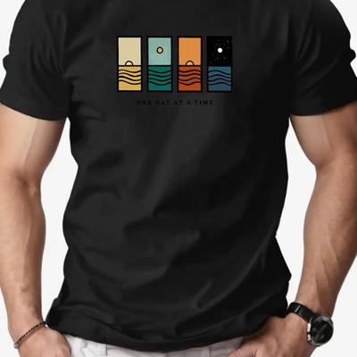 Men One Day At A Time Graphic Casual T-Shirt Summer Short Sleeve Round Neck Colorful Stripes Print Comfortable Soft Breathable Summer Cotton T-shirt