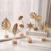 Nordic Iron Art Ginkgo Leaf Statue Sculpture with Wood Base Desktops Decorations Home Living Room Book Shelf Ornament
