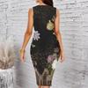 Women Plus Size Crew Neck Sleeveless Midi Dress Leopard Mix Vintage Floral Ornate Border Print Bodycon Dress