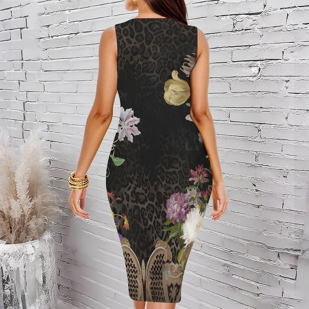 Women Plus Size Crew Neck Sleeveless Midi Dress Leopard Mix Vintage Floral Ornate Border Print Bodycon Dress
