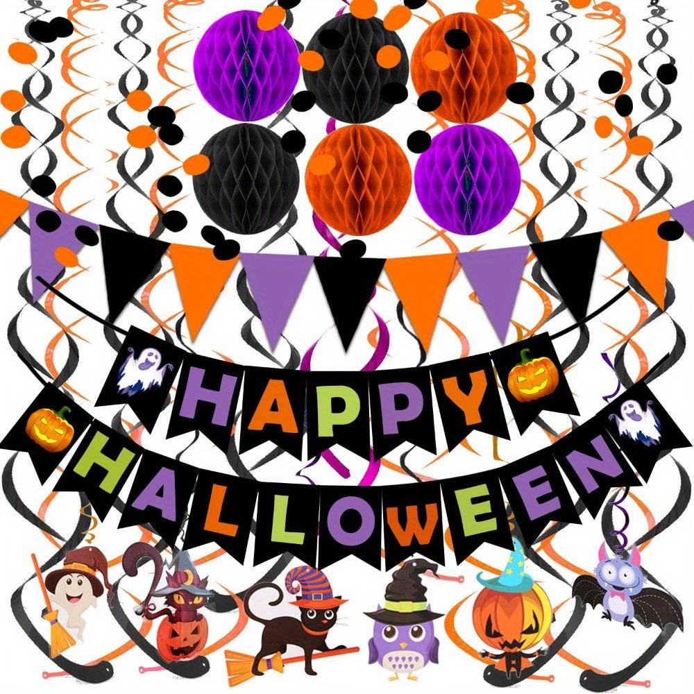2sets Happy Halloween Banner Paper Triangle Flag Bunting Circle Confetti Hanging Garland Honeycomb Ball Swirl Streamers Halloween Party Decorations