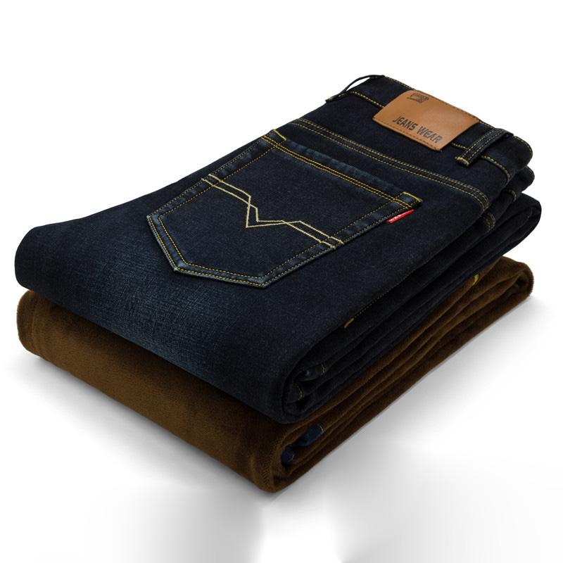 

Осенние и зимние плотные и теплые мужские джинсы с бархатом, эластичные, прямые и свободные деловые джинсы 34