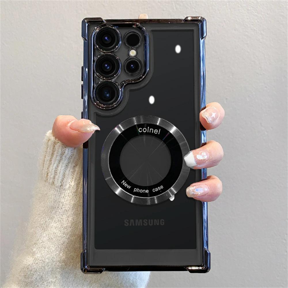 Suitable for Samsung A55 5G Four Corner Anti Falling Electroplating Transparent Mobile Phone Case A56 Simple Magnifying Glass A17 Hard Protection Case