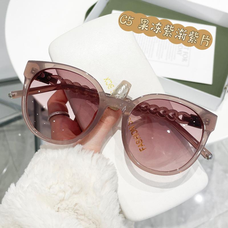 Retro Polarized Sunglasses Round Frame Twist Legs Sunglasses Big Face Thin Uv Protection Women 55013